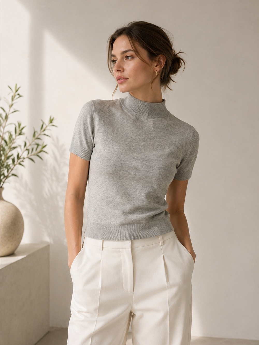 DISSH Heather Grey Short Sleeve High Neck Knit Top | XS